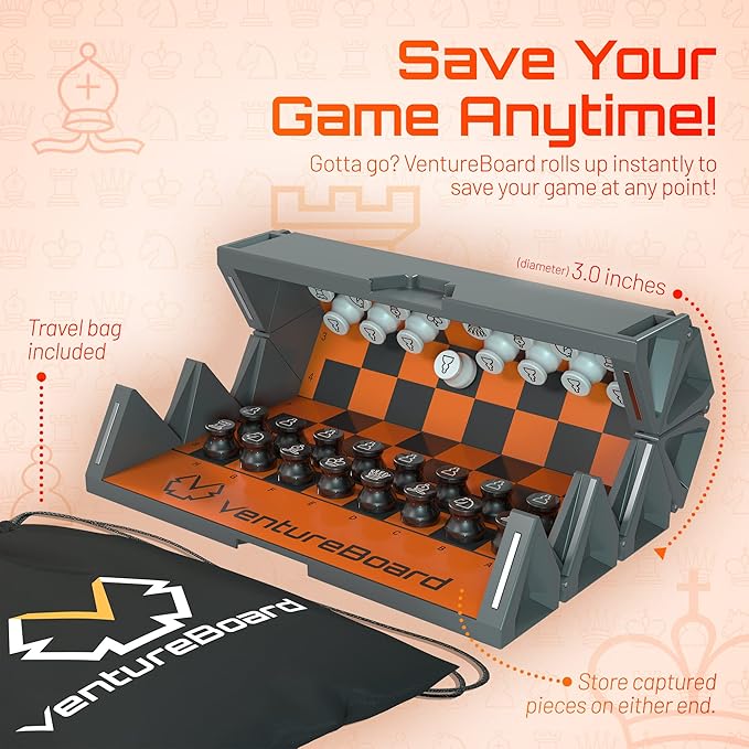 VENTUREBOARD 6 Inches Magnetic Unique Chess Set Board Game - 2 Extra Queens - Folding Board Portable Travel Chess Board Game Pieces - Orange/Grey