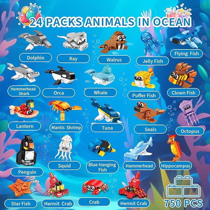 Party Favors for Kids - 24 Pack Ocean Animals Building Block Toy Goodie Bags Fillers Classroom Prizes Stuffers Gifts Building Set Christmas Birthday Gift for Boys Girls Ages 6-12