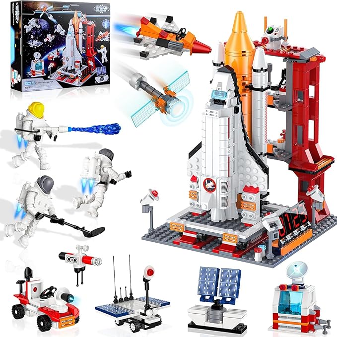 Space Exploration Shuttle Toys 12-in-1 STEM Aerospace Building Kit Toy Rocket Building Kit Toy with Launcher Astronauts Airplane Rocket Gift for 6 7 8 9 10 11 12+ Years Old 855 Pcs