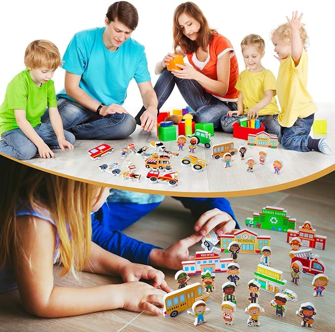 50 Pcs Wooden Community Helpers Play Set Community Includes Little Wooden People Buildings Cars Multicultural Figurines Toy Preschool Little Professionals Block Character(Stylish)