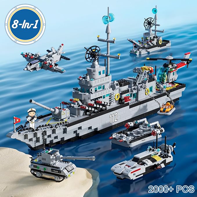 Military Battleship Building Set for Boys Police Boat Ship 8-in-1 Navy Warship Toys Model Kits MOC Construction Birthday for Adults Age 8-1214+ Compatible with (2000+ PCS