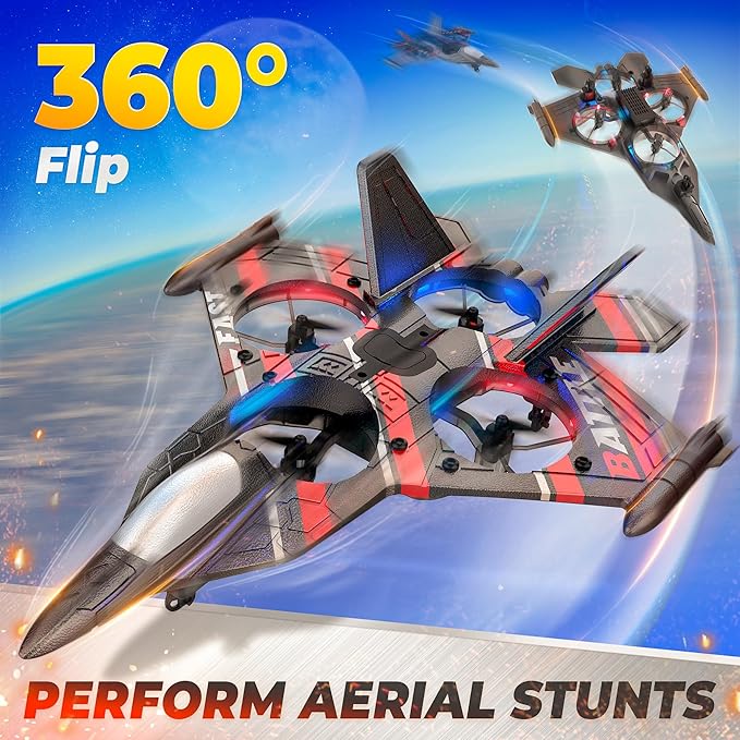 BEZGAR RC Plane | 2.4GHZ Remote Control Airplane RC Helicopter 360° Flip Fighter Jet Toy Toys for ages 8-13 with Colorful LED Navigation Lights Red