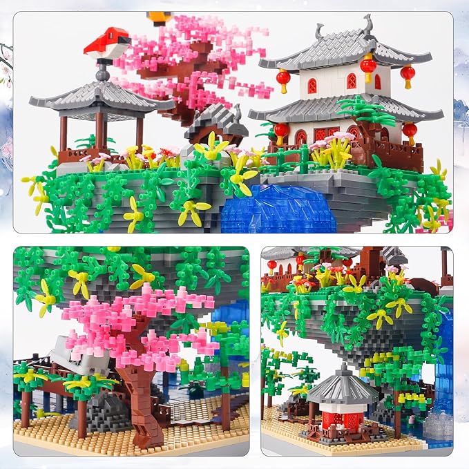 3600PCS Micro Mini Blocks Peach Blossom Pond Bonsai Tree KitTraditional Architecture Building BlocksExquisite Cherry Bonsai Tree Kit Gift for 14+ Kids Or Adults