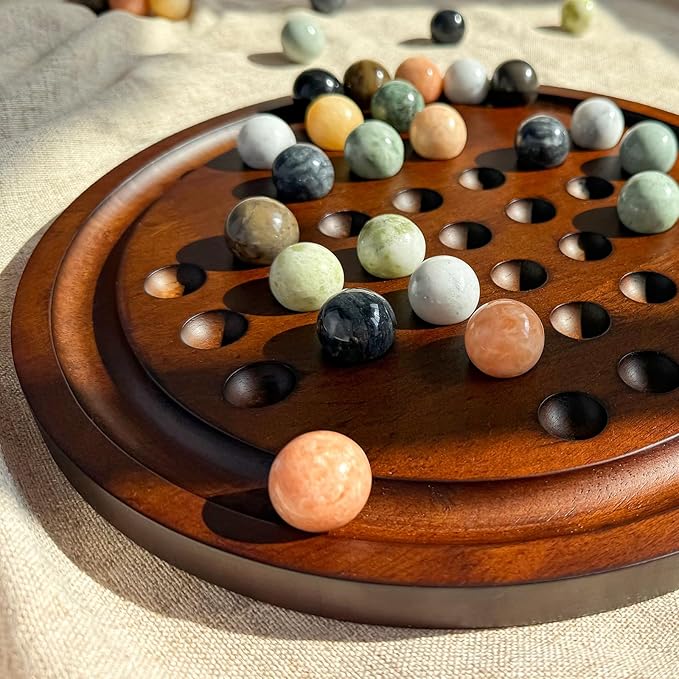 Solitaire Game12.7-Inch inches Solid Wooden Board with 33 Natural Marble Balls Deluxe Solitaire Game Set Single-Player Strategy Board Game and Smart Games