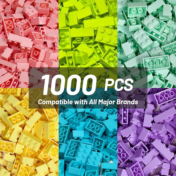 Classic Building Bricks Playset 1000 Pieces Bulk Blocks Set Accessories Compatible with All Major Brands Parts and Pieces STEM Toys for Kids 4+ Years Old (Pastel)