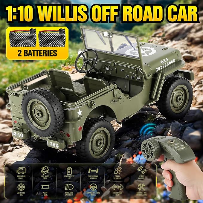 1/10 Scale RC Military SUV Remote Control 4WD Off-Road Vehicle with Alloy Frame Chassis with Winch and Capstan Army Vehicle with Opening Hood and Folding Windshield 2 Batteries