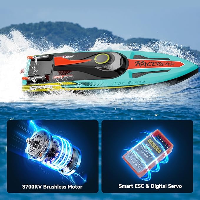 Brushless RC Boat 40+MPH Remote Control Boats for Adults Kids 19 Big Racing Boat for Salt Water Lake River with Self-Righting LED Lights Fishing Function Fast High Speed with Carry Bag