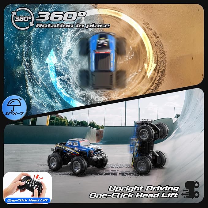 DEERC BG028 Amphibious RC Monster Truck/Boat IPX7 Waterproof Remote Control Car W/Gesture Sensing Control 2.4GHz 4WD RC Car W/ 360°RotationLED Light40mins Play RC Truck Toys for Kids Boys 6-12
