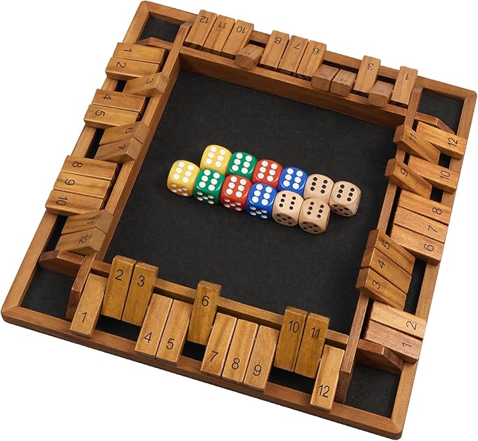 14 inches 1-4 Players Shut The Box Dice Game Upgraded 12 Numbers Wooden Board Table Math Game with 12 Dice Close The Box for Adult Kids Family Classroom Home or Bar