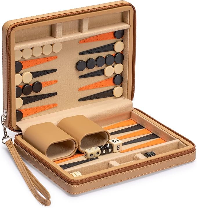 Yellow Mountain Imports Travel Magnetic Leatherette Backgammon Mini Game Set Bozcaada - with Magnetic Checkers 9-inch Board
