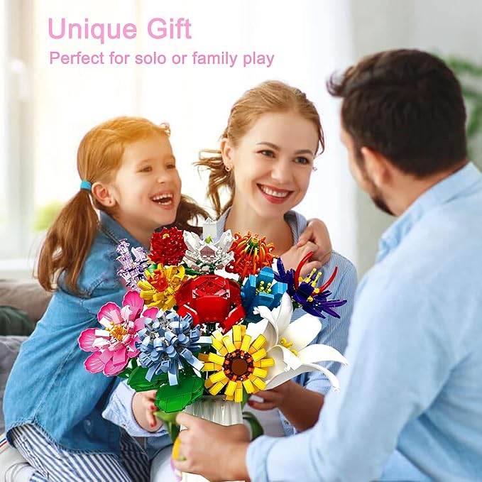 Flowers Bouquet Building Set 12 Artificial Flowers 1064 PCS Bricks Blocks Toy for Adults &amp Kids Botanical Collection Gift for Mother's Day Valentine Birthday Christmas (No Vase)