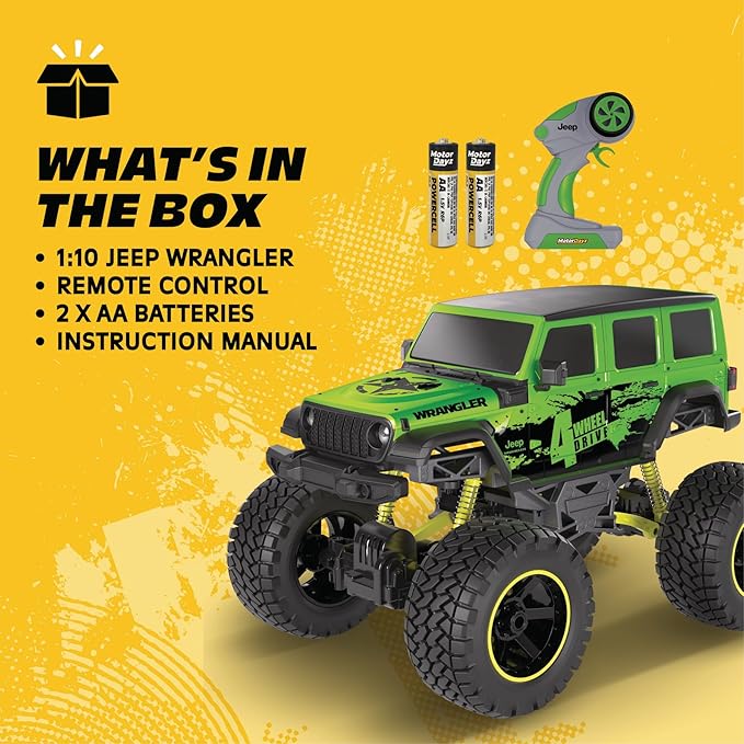 4WD Heavy Metal Remote Control Car Jeep Wrangler RC Truck Toy– 1:10 Scale 4-Door Stamped Metal Body 2.4GHz Control USB Rechargeable Ready to Run Green Great Gift