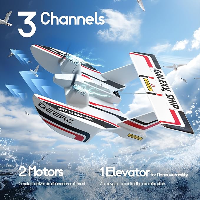 DEERC RC Plane for Water Land &amp Air Amphibious Tri-Phibian Aircraft 3CH Remote Control Plane W/ 2 Batteries 2.4GHz RTF Airplane Glider for Boy Girl