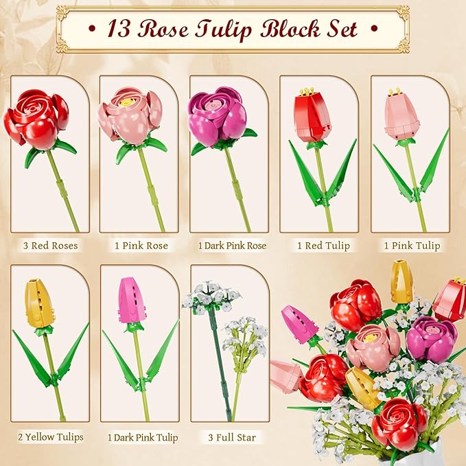 Utbttor Flower Bouquet Building Kit Red Rose &amp Tulips 680 Pcs Building Blocks Set - Valentine's Day Mother's Day Christmas Birthday Gift for Adults Women Her Home Office Decor No Vase