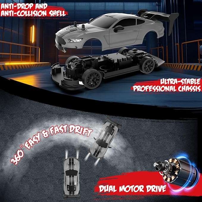 RC Drift Car 1:20 Scale Remote Control Cars 2.4GHz 4WD High Speed RTR Racing Vehicle with LED Lights 2 Rechargeable Batteries and Drifting Tires Racing Sport Toy Car for Adults Kids Boys Girls