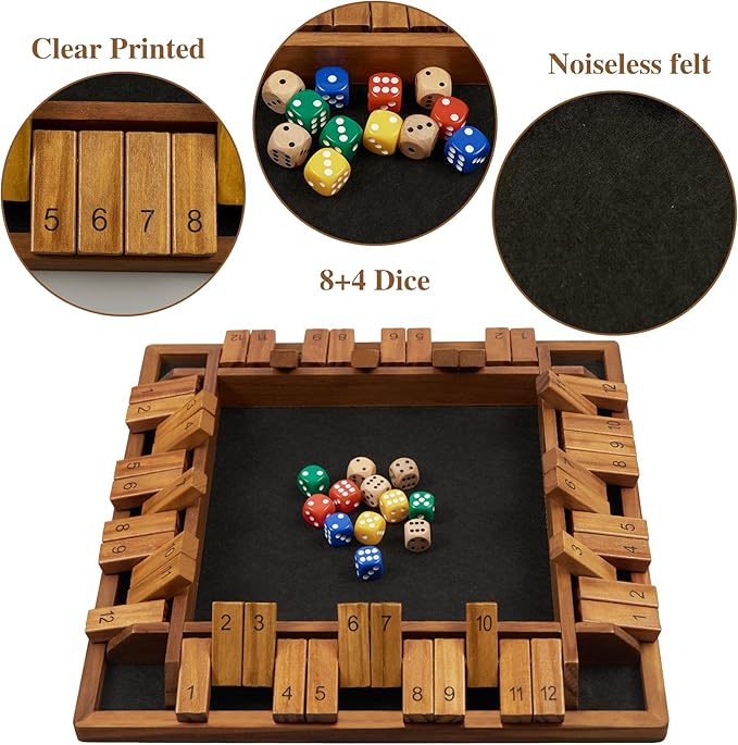 14 inches 1-4 Players Shut The Box Dice Game Upgraded 12 Numbers Wooden Board Table Math Game with 12 Dice Close The Box for Adult Kids Family Classroom Home or Bar