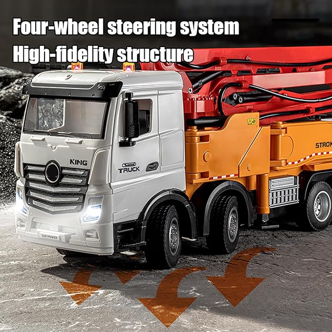 18.9 Inches 11 Channel Remote Control Cement Pump Truck 1/18 Scale 1-Batteries 2.4Ghz RC Concrete Construction Vehicle with Water Pump for 14y+ Beginnes (Grey 8-Wheels)
