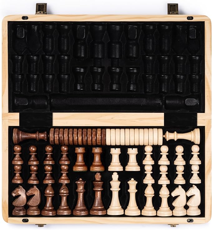 A&ampA 15 Magnetic Wooden Chess Set/Folding Board / 3 King Height German Knight Staunton Chess Pieces/Mahogany &amp Maple Inlaid /2 Extra Queen