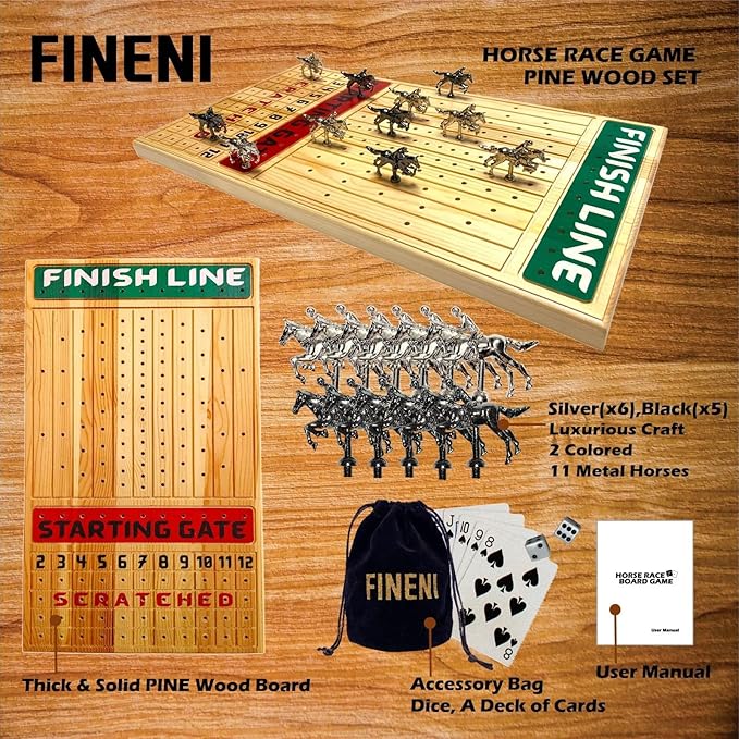 Horse Racing Game for Adults Horse Race Board Game with 11 Luxurious Metal Horses (Silver Black) 22” Pine Wood Horse Race Game Board Dice &amp Card Included (Log Color2)