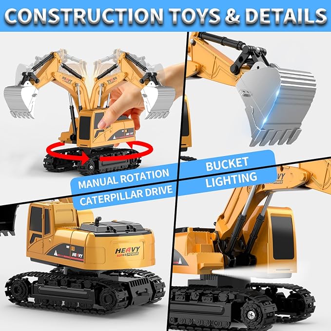 Remote Control Excavator and Dump Truck Toy Set - RC Construction Vehicles Toy with Barricades Road Signs Simulated Rocks Lights and Sounds Present for Toddlers 3-12 Year Boys Girls