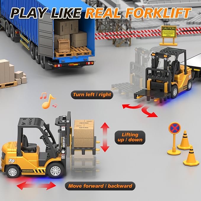 1/64 RC Forklift Toy 3 in 1 Mini Forklift Remote Control &amp App Remote Control Forklift with Trailer &amp Fork &amp Hook 10CH Alloy RC Construction Vehicles Desktop Toy for Adults Kids Boys Gi
