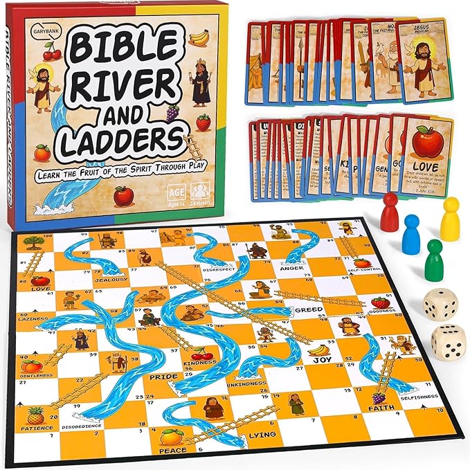 Garybank Bible River and Ladders Board Game for Kids Fruit of the Spirit Games with Christian Virtue Story Cards Bible Study Supplies for Sunday School Youth Group &amp Family Christmas &amp Eas