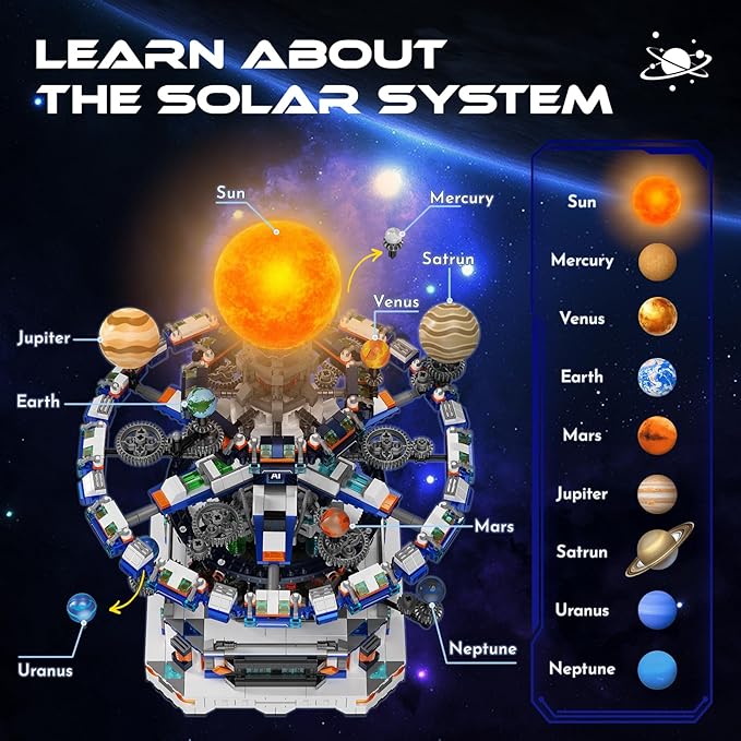 Rotating Solar System Building Set with LED Lights 2900 PCS Collector's STEM Model Kit 8 Orbiting Planets &amp Glowing Sun – Educational Gift for Adults Kids 8+ Astronomy Enthusiasts