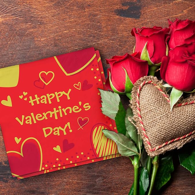 Valentine's Day Party Supplies Red Heart Love Disposable Paper Plates Napkins Cups plastic Tablecloth for Valentine's Day Engagements Anniversary Birthday Party Serve 25