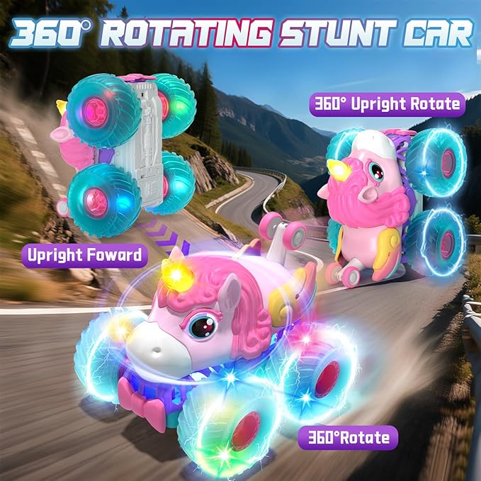 Lehoo Castle Remote Control Car for Girls 360° Rotating Unicorn Monster Truck with Light &amp Music 4WD All Terrain RC Stunt Car Rechargeable 2.4GHz RC Truck for 3 4 5 6 7 8 Girls Birthday Gift