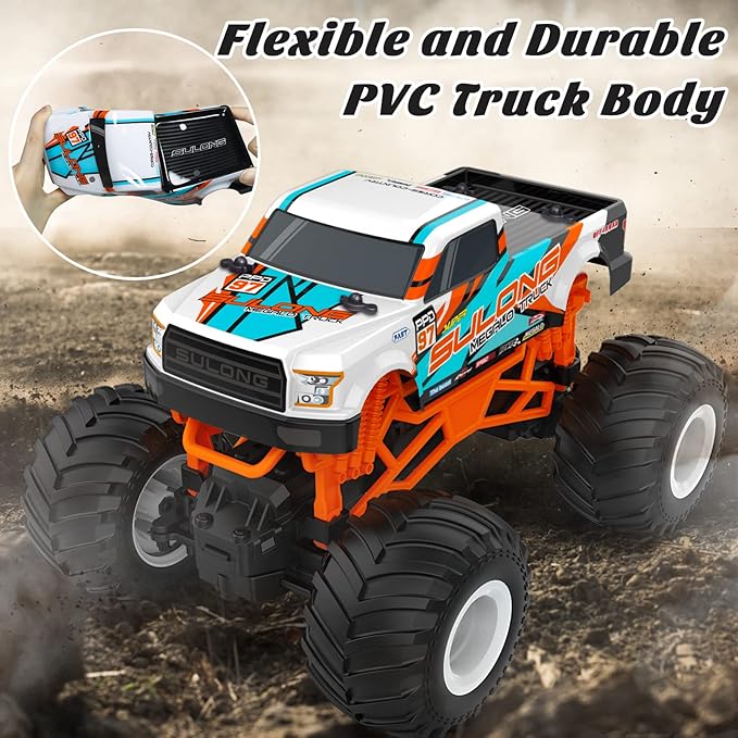 Remote Control Car 1:16 Scale RC Monster Truck for Boys 2.4 GHz All Terrain RC Cars for Boys Girls 4-7 8-12 20 Km/h Off Road RC Truck Christmas Birthday Gift for Kids and Adult Orange