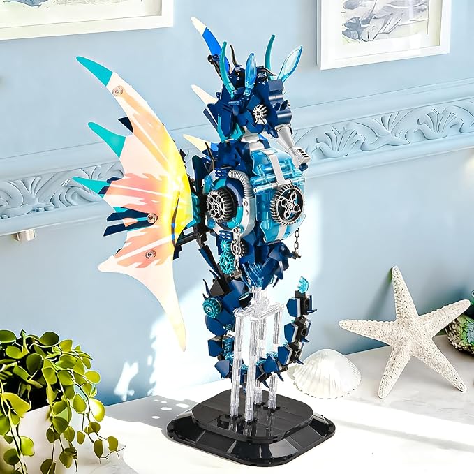 BNG Mechanical Seahorse Building Set for AdultMovable Ocean Animal with Display StandSea Fish Building Block ToyHome Decor Gift for Adults Teens Kids Boys Ages 8+(1003PCS)