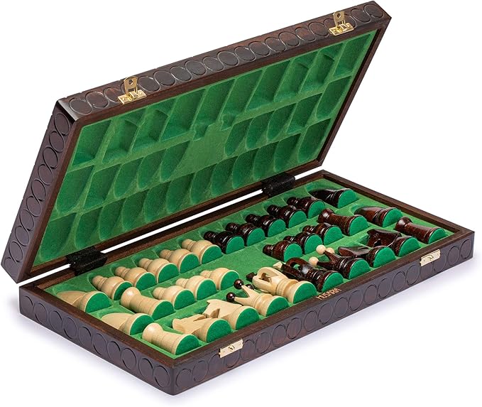 Husaria European International Chess Wooden Game Set King's Classic - 18-Inch Large Size Chess Set - Folding Board with Felt Bottom Chessmen