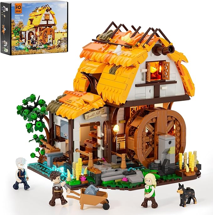 FUNWHOLE Medieval Water-Mill Lighting Building-Bricks Set - Middle Age Milling House Collection LED Light Building Construction Model Sets 1278 Pcs for Adults and Teen