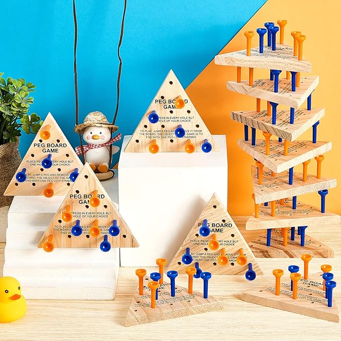 Deekin 24-Pack Wooden Triangle Peg Game Triangle Wooden Board Games Classic Strategy Board Toy Portable Family Travel Puzzle Toy for Adults and Teens