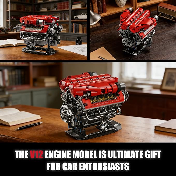 V12 Engine Model Kit That Runs 12-Cylinder Sports Car Engine Building Set with Rechargeable Motor Compatible with Lego for Adults Engineering Construction STEM Toy for Teens (1607 PCS)