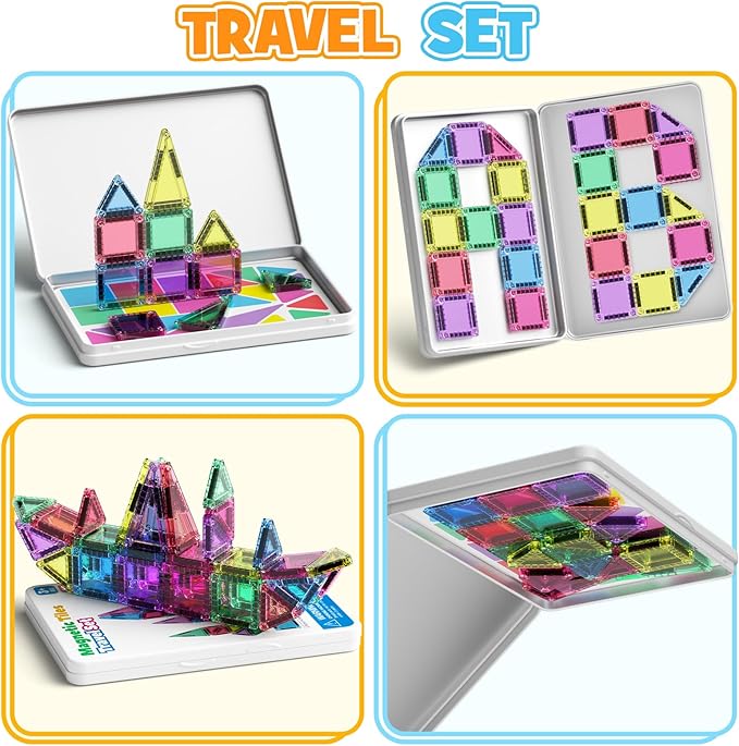 42PCS Mini Magnetic Tiles Travel Set with Iron Storage Box - Portable STEM Building Blocks for Kids 3-8 Montessori Educational Magnet Toys for Airplane Car Rides &amp On-The-Go Play