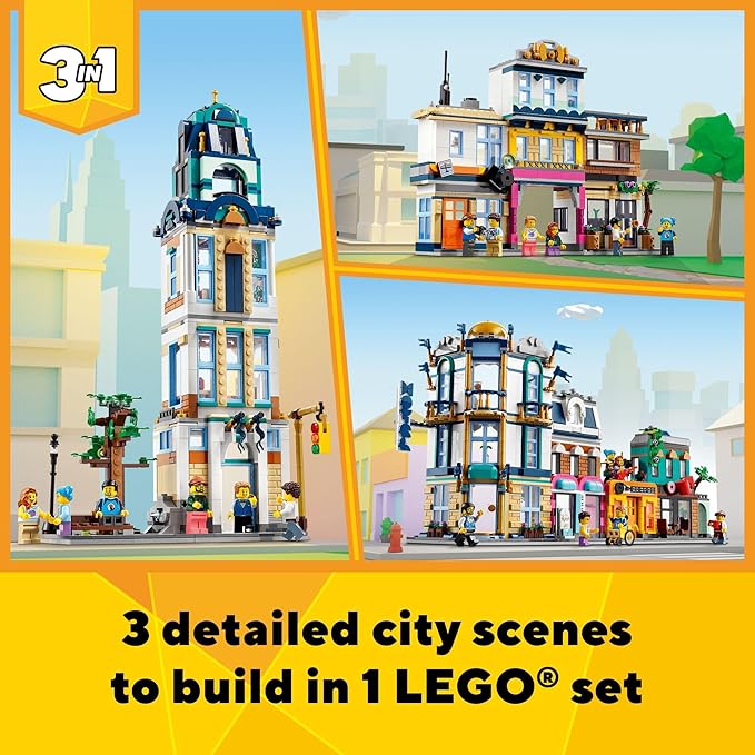 LEGO Creator 3 in 1 Main Street Building Toy Set Features a Toy City Art Deco Building Market Street Hotel Café Music Store and 6 Minifigures Endless Play Possibilities for Kids 31141