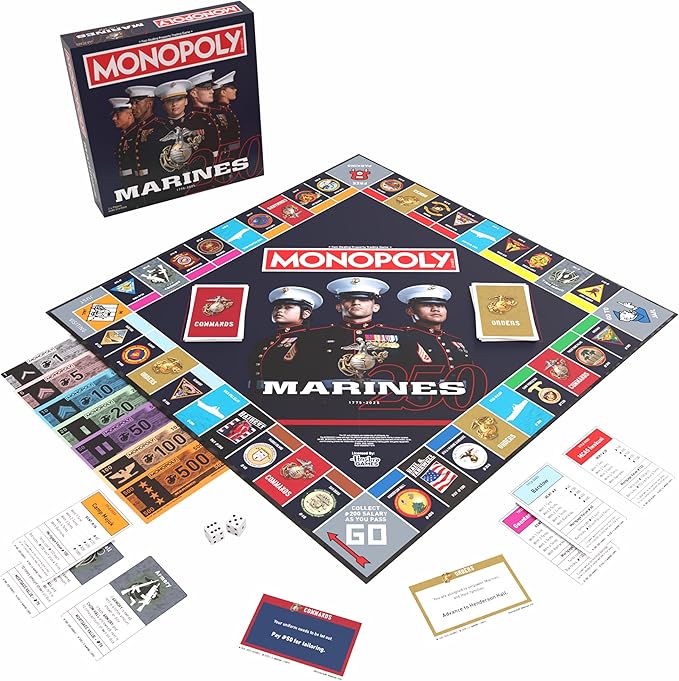 Monopoly: Marines 250th Anniversary Edition Celebrate 250 Years Buy Bases Worldwide and Upgrade with Tents &amp Barracks Play as Tokens: Combat Boots Bulldog &amp More Officially Licensed Merc