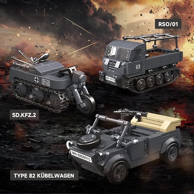4 IN 1 WW2 Army Tanks Toy Building Block Set(1089 Pcs)Compatible with LegoCreate German 38T-A Light Tank&amp3 German Style Small Military Vehicles Models Great Military Toy Gift for Boy Age 6+ Year