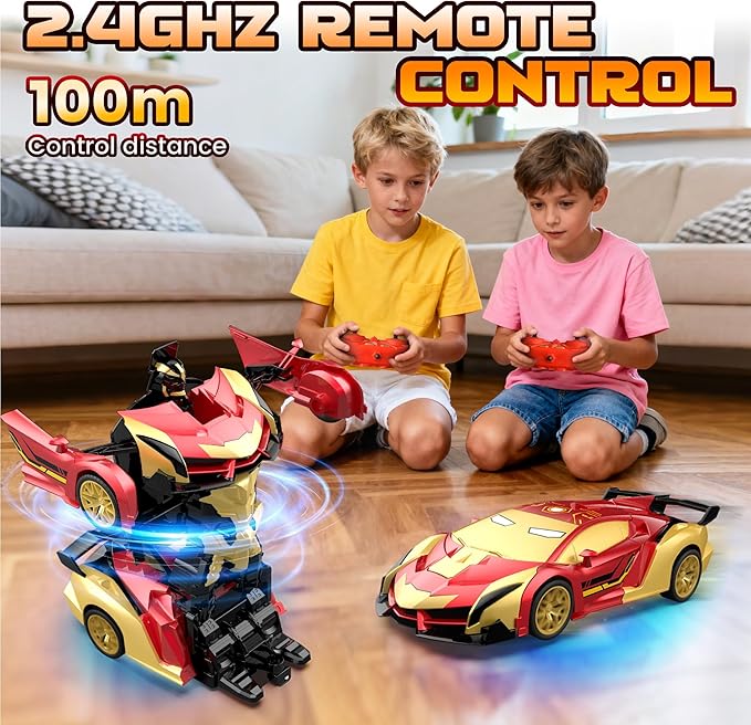 Transform RC Iron Man Cars Robot Toys with Underbody Lights 2.4GHz Hero Remote Control Car One-Button Deformation 360°Rotation Robot Car Toys Christmas Birthday Gifts for Kids Age 4 -12(1:18 Scale)