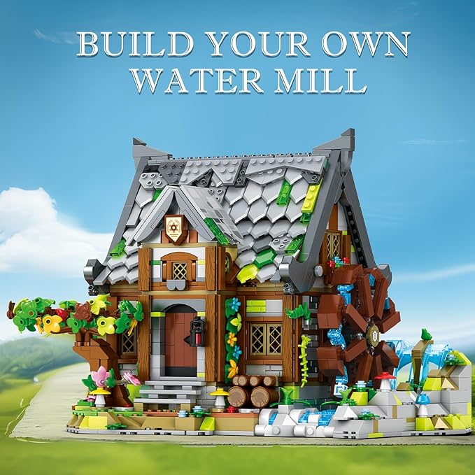 Reobrix Medieval Building Set for Adults– Watermill Cabin1873 PCS Medieval House with Rotating Water Wheel Architecture Collectible Building Bricks Kit for Adults and Medieval Village Fans