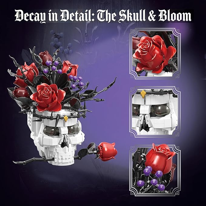 Gothic Skull Roses Flower Building Set for Adults Horror Botanical Skeleton Pot Home Table Decor Cool Unique Collectible Halloween &amp Valentine's Day Gifts with Box (1376 PCS)