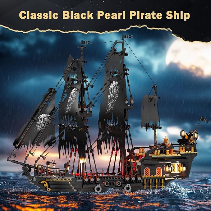 JMBricklayer Pirate Ship Building Toys with Lights Pearl Pirate Ship Model Boat Kit 40002 Black Ship Toy Building Sets for Adult Teens 14+ Home Office Decor Valentines Gifts(1713 PCS) New Upgrade