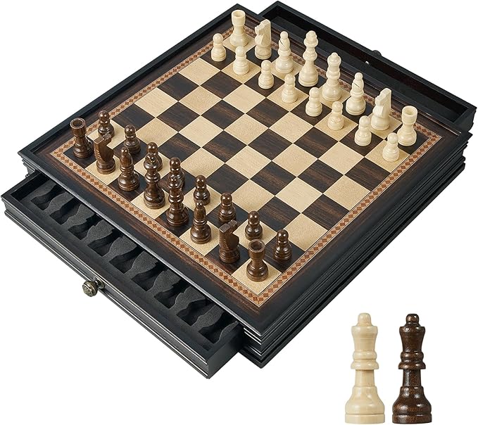12.5’’ Wooden Chess Set Magnetic Chess Pieces with 2 Built-in Storage Drawers - Chess Broad Game for Beginner Kids Adults - 2 Bonus Extra Queens