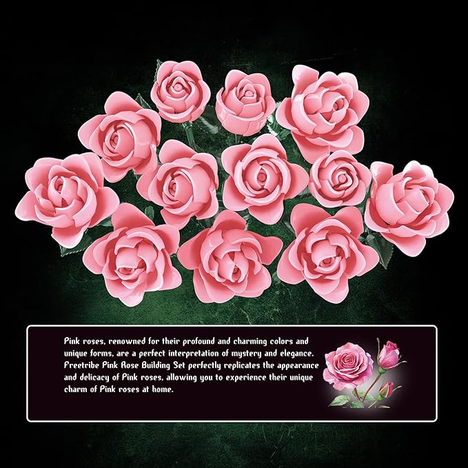 Rose Bouquet Building Set Rose Botanical Collection Blocks KitArtificial Flowers Compatible with Lego for Adults Women Teengirls - Gift for Valentine's Day - Gothic Home Decor (Pink)