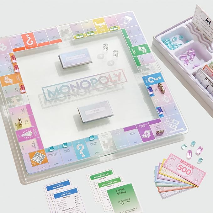 WS Game Company Monopoly Aura Edition Iridescent Tempered Glass Board Crystal-Clear Acrylic Houses Metallic Tokens Foil Cards &amp Tray Family Board Games for 2-6 Players Ages 8+