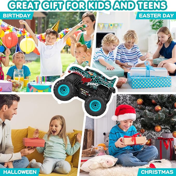 DYODYORC Remote Control Car 2.4Ghz All Terrain Dinosaur Monster Truck Toys RC Truck with Music 3 Lighting Effects 360 Stunt Capable 2 Batteries Ready to Run Toy Gifts for Boys and Girls (Cyan)