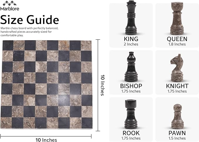 Marble Chess Set 10 Inch Oceanic &amp Black Travel Chess Board with 32 Pieces &amp 2 Extra Queens Luxury Decorative Stone Chess Game for Adults Ideal Gift for Women's Day
