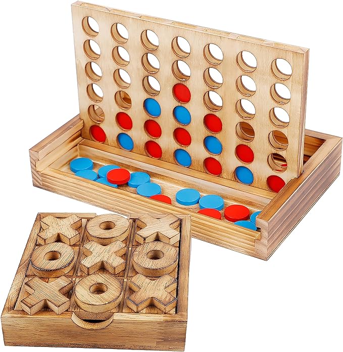 Glintoper Tic Tac Toe &amp 4 in a Row Tables Game Set Classic Board Line Up 4 for Living Room Rustic Table Decor and Use as Game Top Wood Guest Room Decor Strategy Board Games for Families