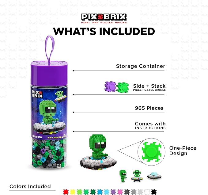 Pix Brix Space Bottle – UFO Set | 965-Piece 2D &amp 3D Alien Building Kit for Kids 8+ | Reusable Storage Bottle Keychain Clip Pixel Art Blocks | Creative STEM Toy Compatible with Major Brick Brand